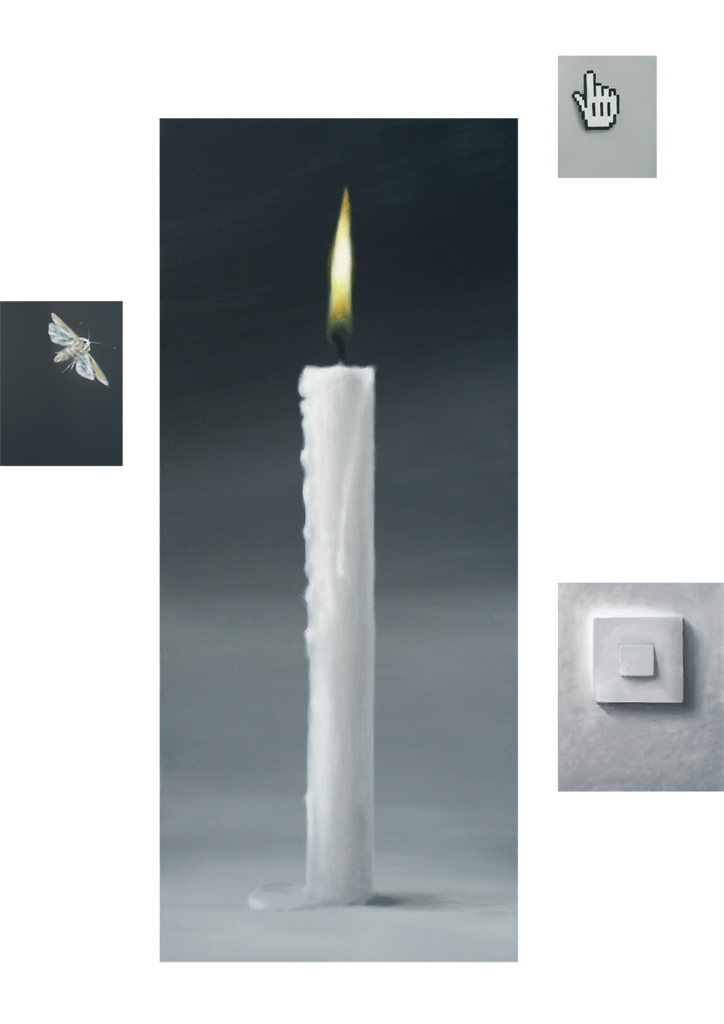 zusammenhängend 01 (Kerze, Lichtschalter, Motte, Webhand) 2012, Acryl auf Leinwand, vierteilig 220 x 180 cm